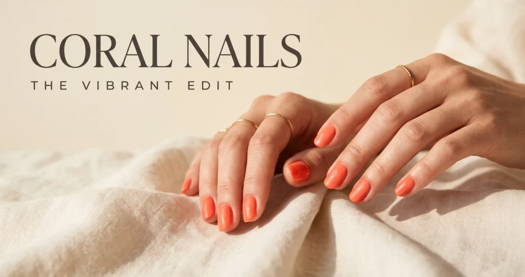 10 Coral Nails Ideas: Designs, Shades, and Tips for Every Season 6 Vibrant glossy coral nails displayed elegantly under bright daylight with a clean cream background.