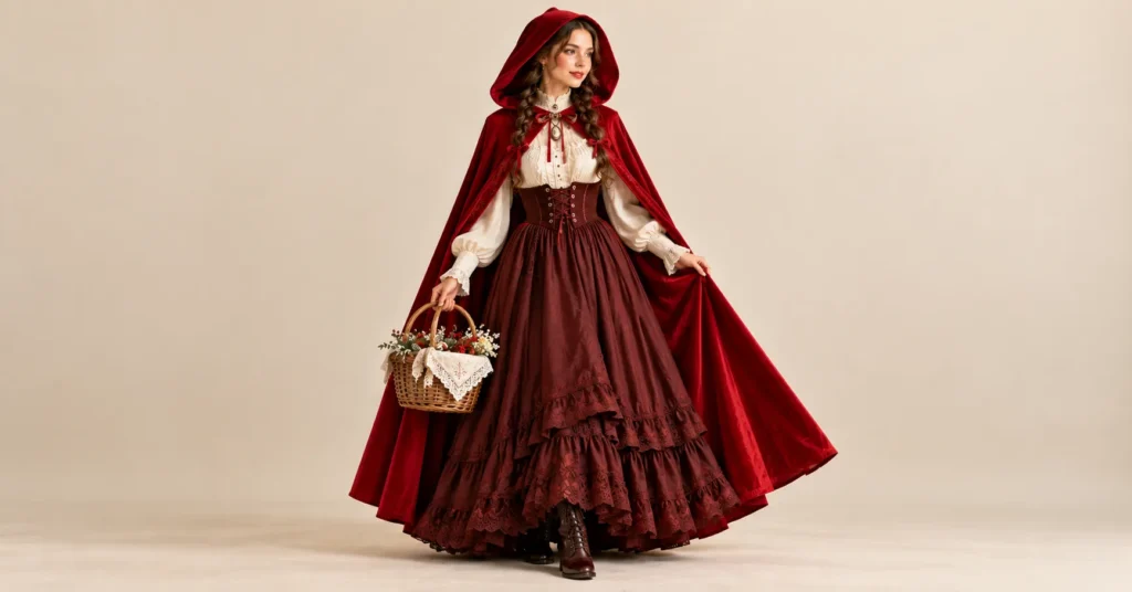 Little Red Riding Hood Costume Women Love: 10 Stunning Looks 6 Little Red Riding Hood Costume Women wearing an elegant burgundy hooded cloak, ivory lace blouse, long skirt, and cameo necklace.