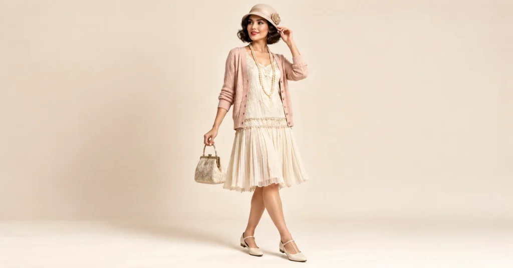 The Complete Guide to Flapper Halloween Costumes: 10 Dazzling 1920s Looks 12 Daytime flapper Halloween costume with a cream pleated dress, cardigan, cloche hat, and Mary Jane flats.
