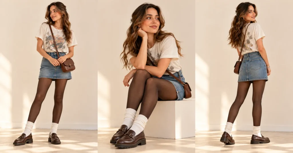 Lizzy McAlpine Concert Outfit Guide: 10 Effortless Looks You'll Love 9 Lizzy McAlpine Concert Outfit Ideas featuring a faded vintage style tee, denim mini skirt, opaque tights, and chunky loafers.