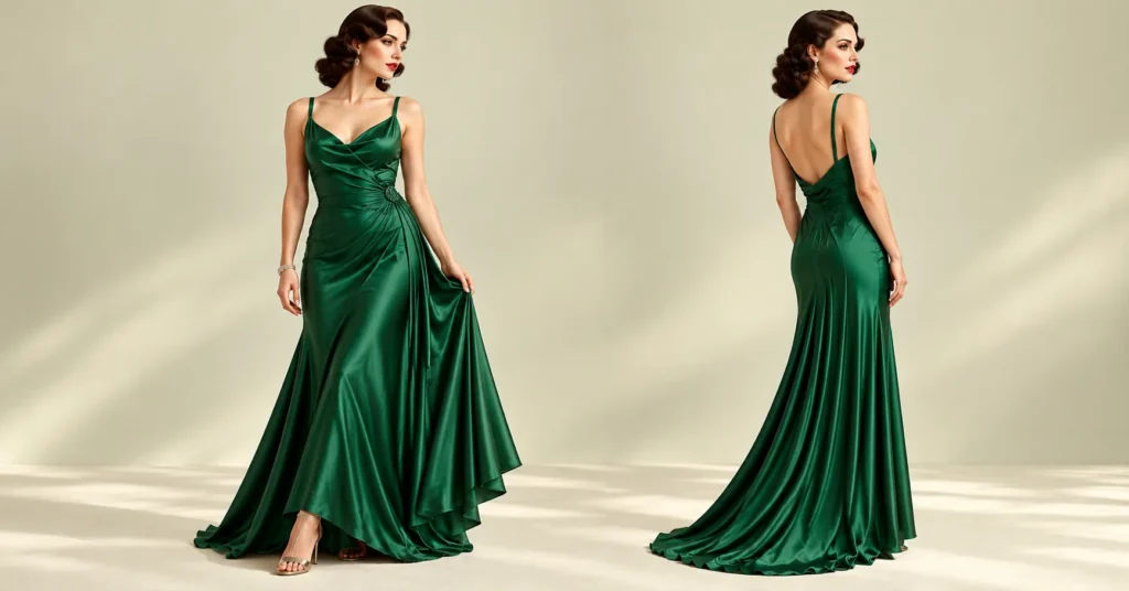 Atonement Green Dress in a vintage 1930s inspired emerald gown with bias-cut tailoring and sculpted waves.