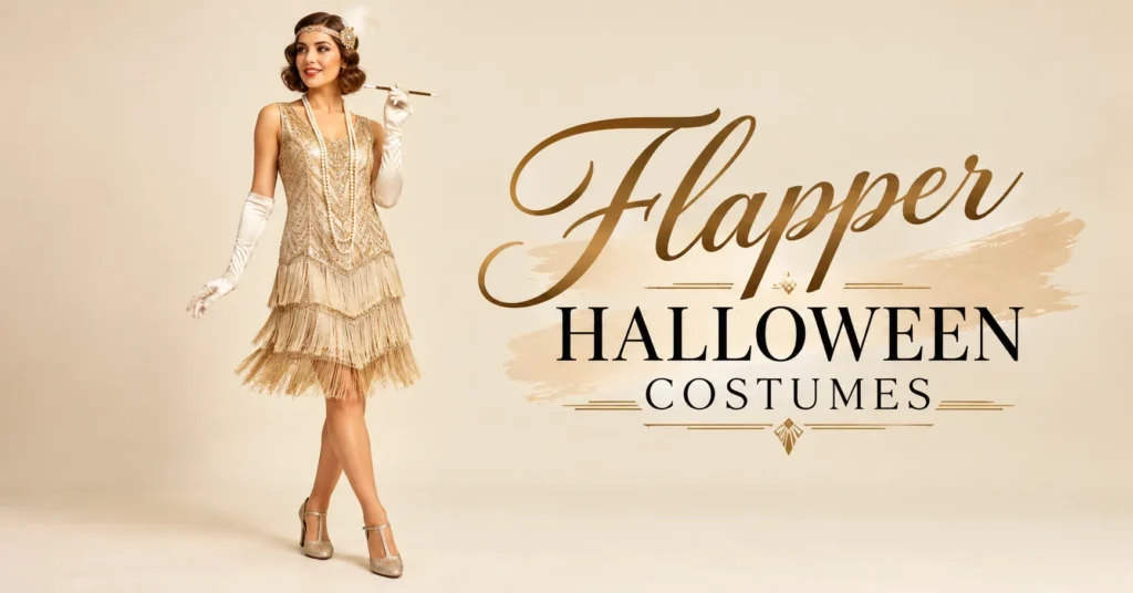The Complete Guide to Flapper Halloween Costumes: 10 Dazzling 1920s Looks 2 Flapper Halloween costumes featuring a champagne gold fringed dress, pearl necklace, and feather headband.
