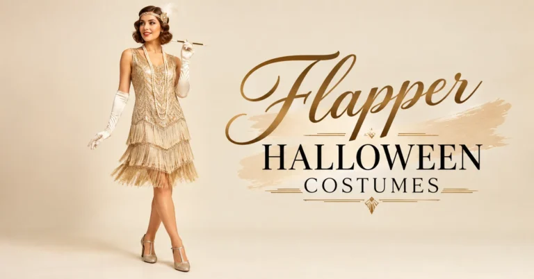 Flapper Halloween costumes featuring a champagne-gold fringed dress, pearl necklace, and feather headband.