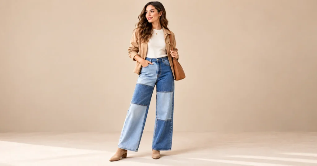10 Bold Two Tone Jeans Styles That Instantly Upgrade Any Outfit 5 Two Tone Jeans featuring large light and dark blue patchwork denim panels with a cream sweater.