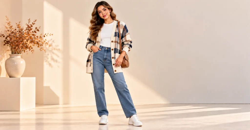 Plaid Sweater Styles featuring a cream and navy plaid cardigan layered over a white T-shirt, blue jeans, and white sneakers.