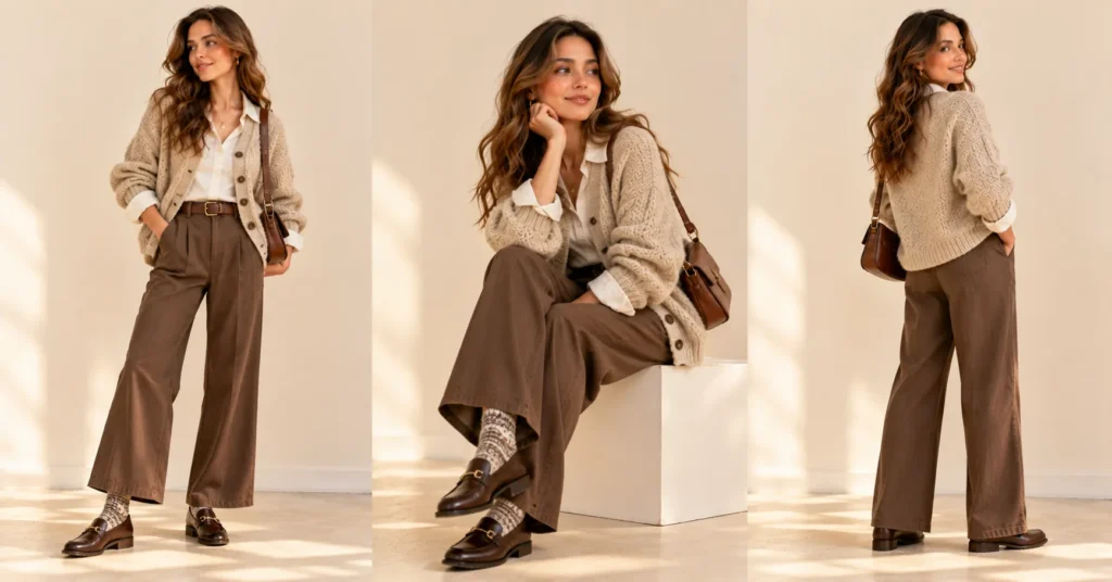 Lizzy McAlpine Concert Outfit Guide: 10 Effortless Looks You'll Love 8 Lizzy McAlpine Concert Outfit Ideas featuring a chunky oatmeal cardigan, brown wide-leg trousers, and classic loafers.