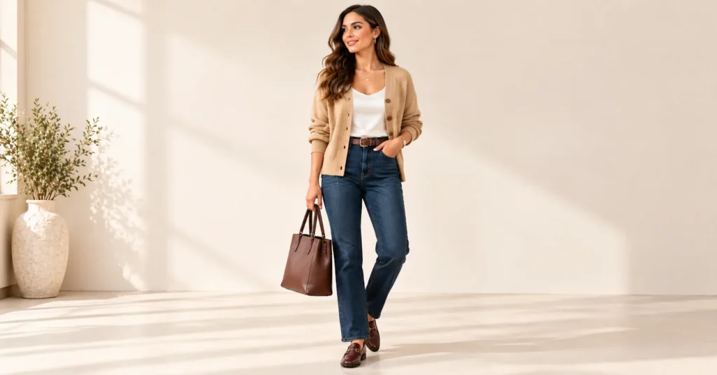 10 Effortless Cardigan and Jeans Outfits You'll Want to Wear on Repeat 6 Cardigan and Jeans Outfits with a fine-knit cardigan and dark jeans for the office