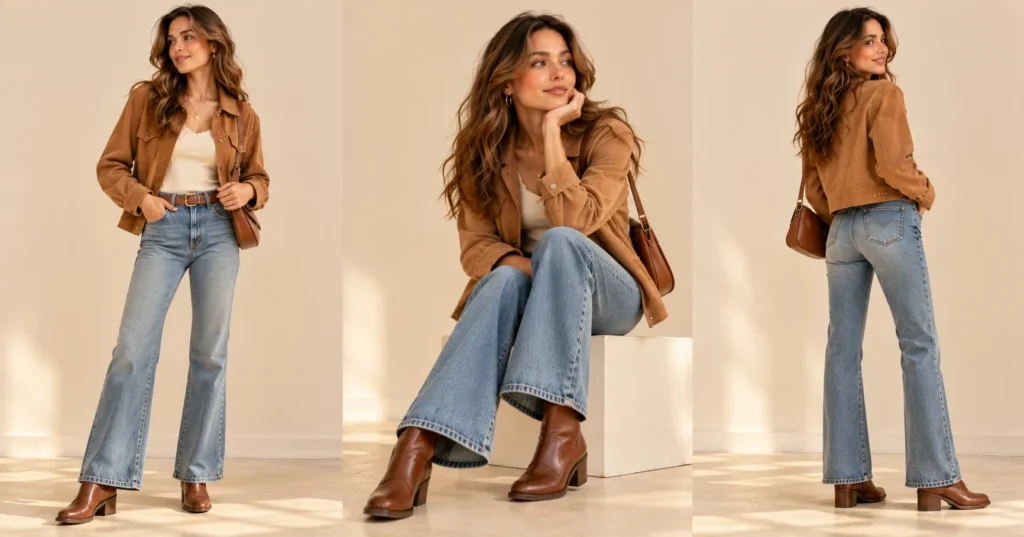 Lizzy McAlpine Concert Outfit Guide: 10 Effortless Looks You'll Love 6 Lizzy McAlpine Concert Outfit Ideas featuring a camel suede-look jacket, faded denim jeans, and brown ankle boots.