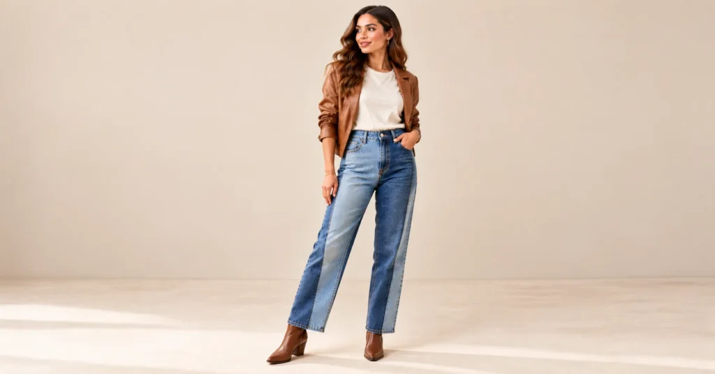 10 Bold Two Tone Jeans Styles That Instantly Upgrade Any Outfit 12 Reworked vintage Two Tone Jeans with contrasting blue denim panels, a tan leather jacket, and brown ankle boots.