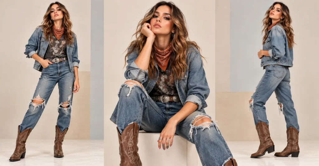12 Best MGK Concert Outfit Ideas for a Bold Rockstar Look 10 MGK Concert Outfit Ideas featuring a washed denim jacket, distressed jeans, rust bandana, silver concho belt, and brown cowboy boots.