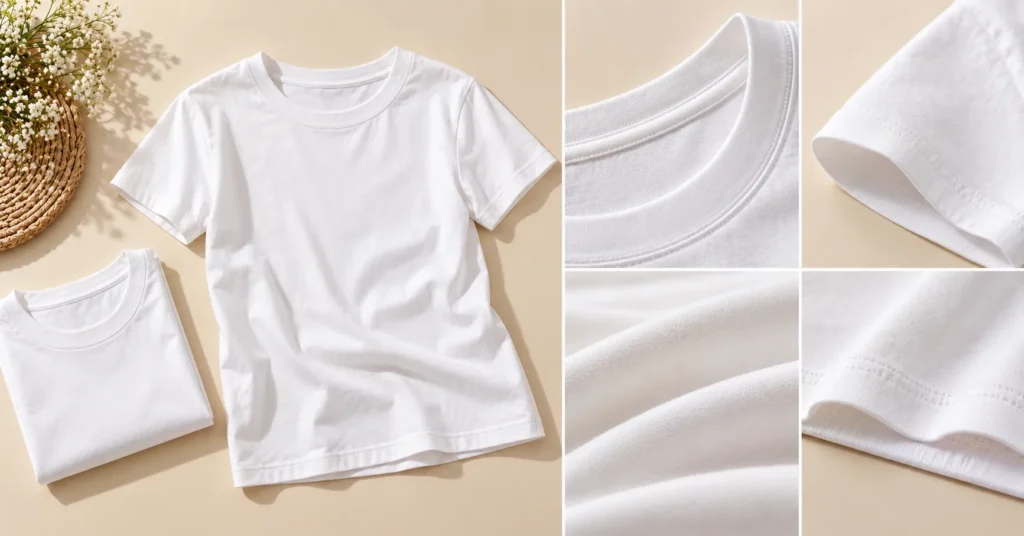 White t-shirt for women showing cotton fabric texture, reinforced neckline, stitching, and hem quality.