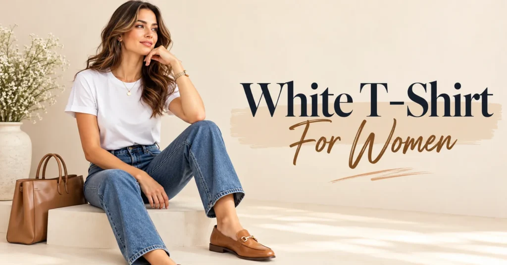 White t-shirt for women styled with straight leg blue jeans and tan loafers in a bright minimalist studio.