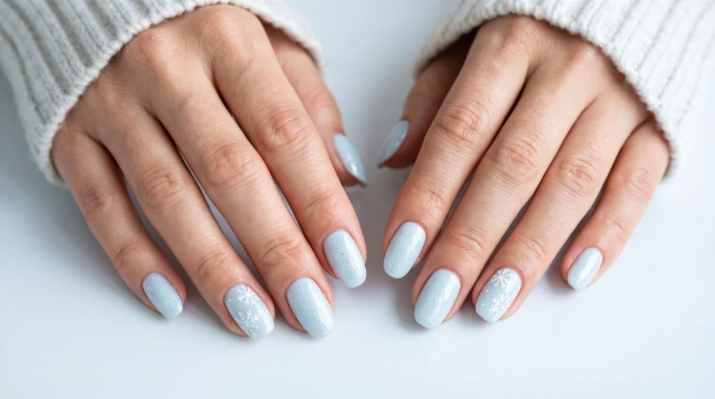 Icy Blue Nails: 10 Stunning Ideas, Shades & Pro Tips for a Frosty Manicure 7 Winter snowflake nail art painted over a pale icy blue nails manicure.