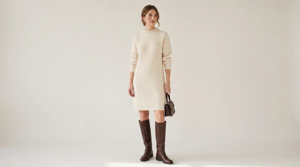 Winter tall women clothes featuring a ribbed knit sweater dress and tall-shaft knee-high leather boots.