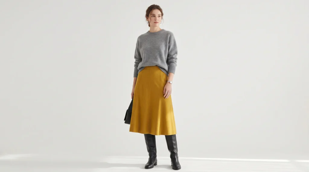 The Complete Yellow Skirt Guide: 12 Stunning Outfit Ideas and Styling Rules 10 Winter yellow skirt outfit showing a mustard wool midi skirt paired with a gray crewneck sweater.