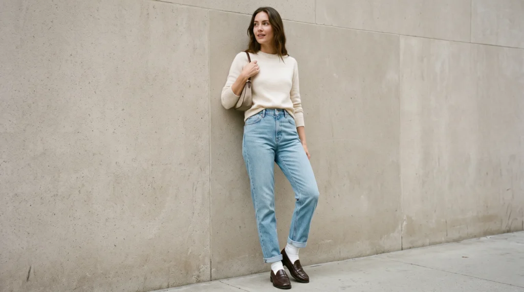 10 High Waisted Jeans Outfits for Women: Styling Ideas, Fit Guide, and Tips 4 Woman in light-wash high waisted mom jeans styled with a tucked cream knit sweater and loafers.