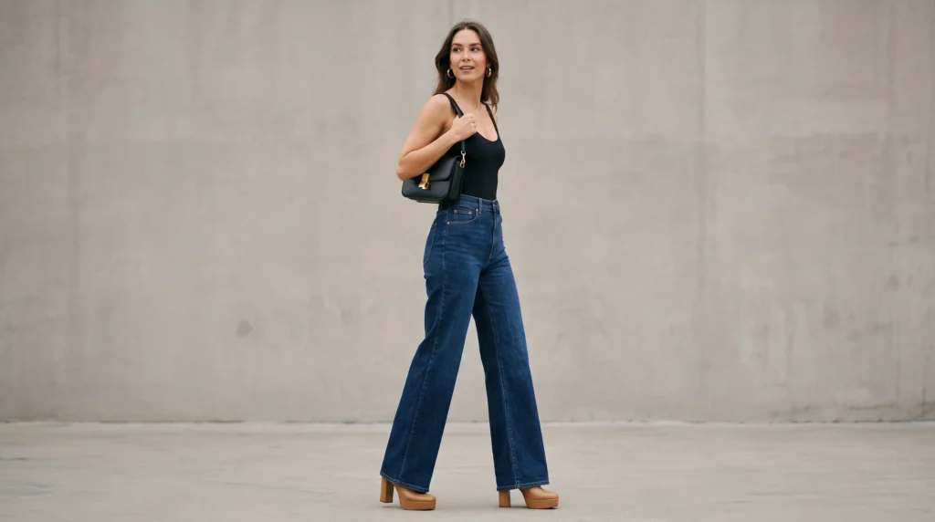 10 High Waisted Jeans Outfits for Women: Styling Ideas, Fit Guide, and Tips 5 Woman styling high waisted wide-leg jeans with a black bodysuit and platform heels.