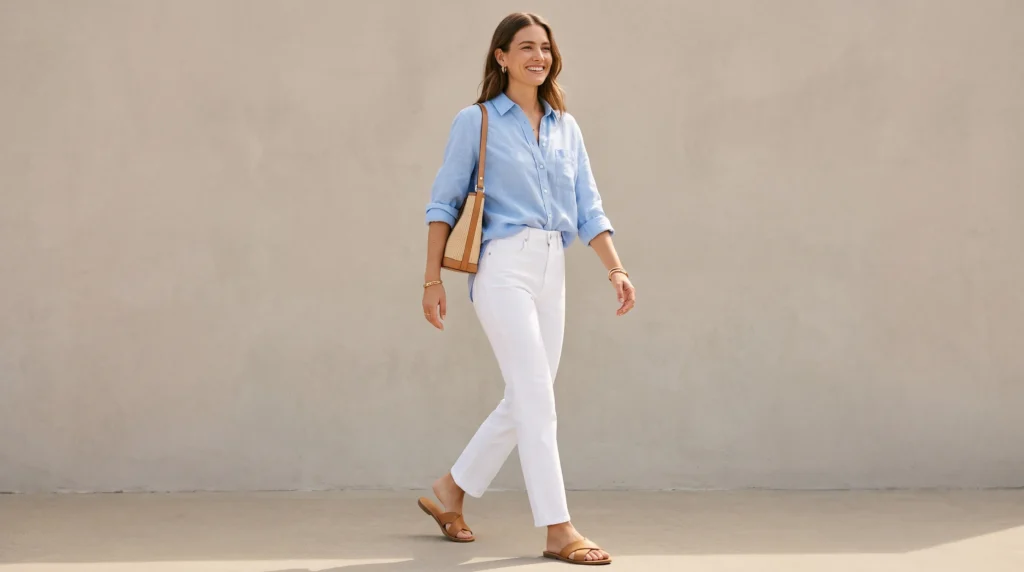 10 High Waisted Jeans Outfits for Women: Styling Ideas, Fit Guide, and Tips 12 Woman styling white high waisted jeans with a blue linen shirt for spring or summer.