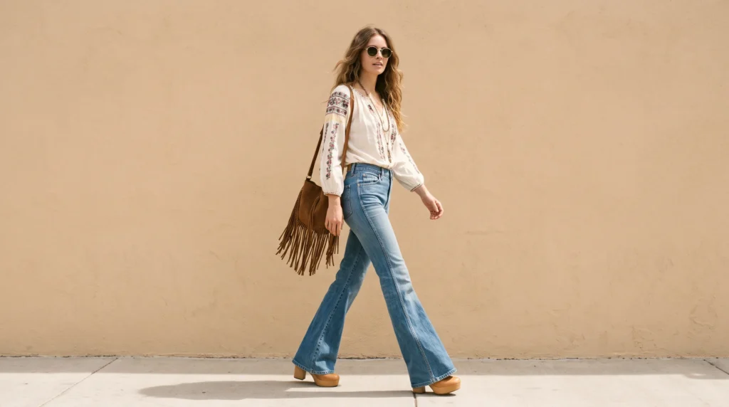 Woman wearing 1970s retro bell bottoms and an embroidered peasant blouse against a plain background.