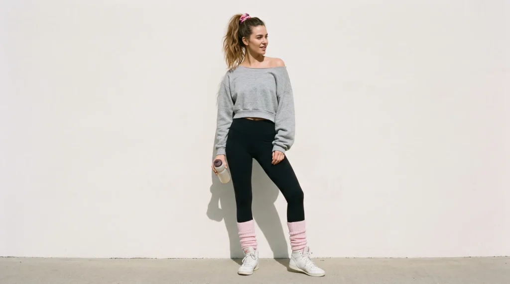 Woman wearing 1980s retro aerobics-inspired athleisure with leg warmers against a plain background.