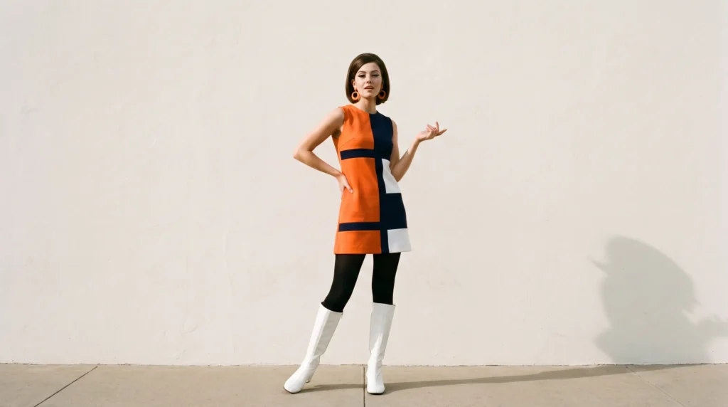 Woman wearing a colorful 1960s mod shift dress with go go boots against a plain background.