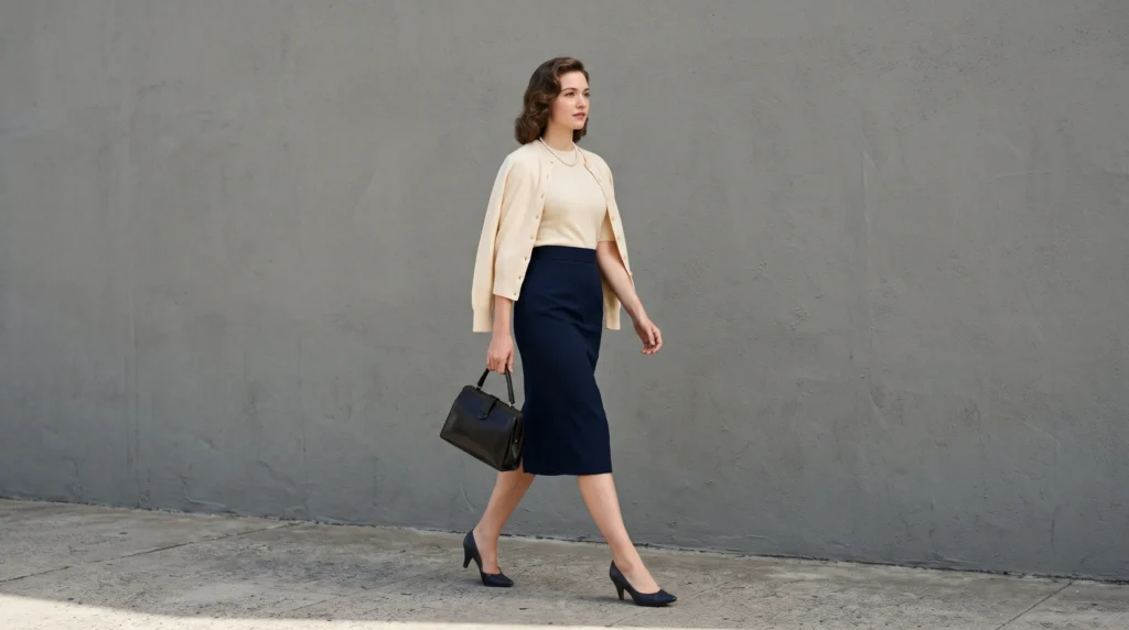 Woman wearing a retro 1950s pencil skirt and matching twinset against a plain background.
