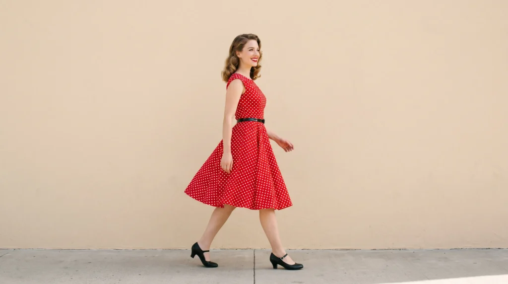 Woman wearing a retro 1950s swing dress