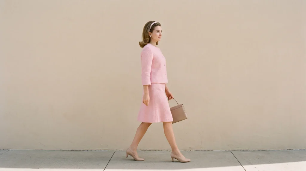 Woman wearing a retro 1960s ladylike bouclé skirt suit against a plain background.