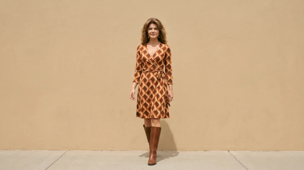 Woman wearing a retro 1970s printed jersey wrap dress with knee high boots against a plain background.