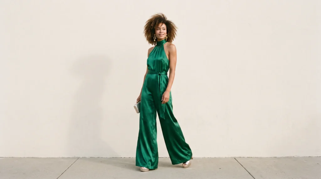 Woman wearing a retro 1970s wide leg disco jumpsuit against a plain background.