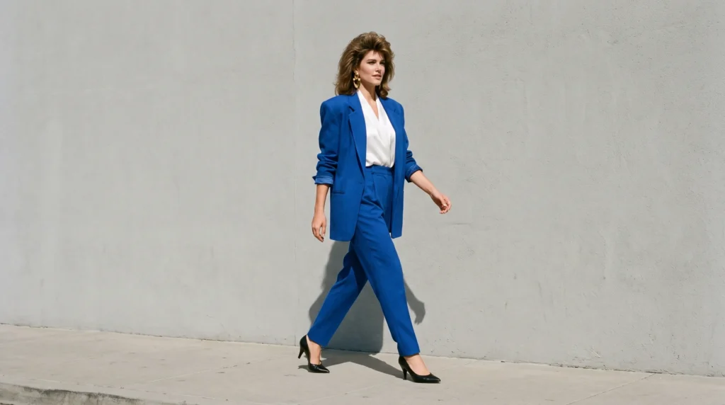 Woman wearing a retro 1980s power suit with structured shoulders against a plain background.