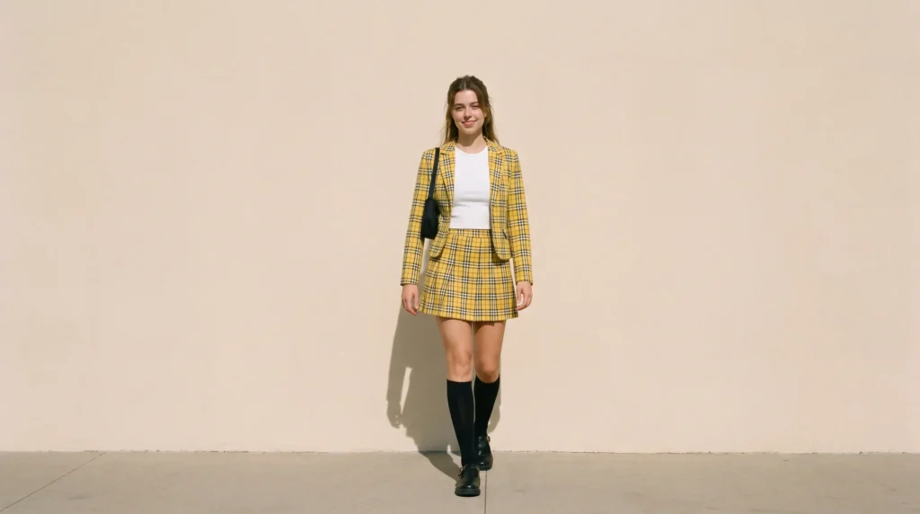 Woman wearing a retro 1990s yellow plaid blazer and mini skirt set against a plain background.