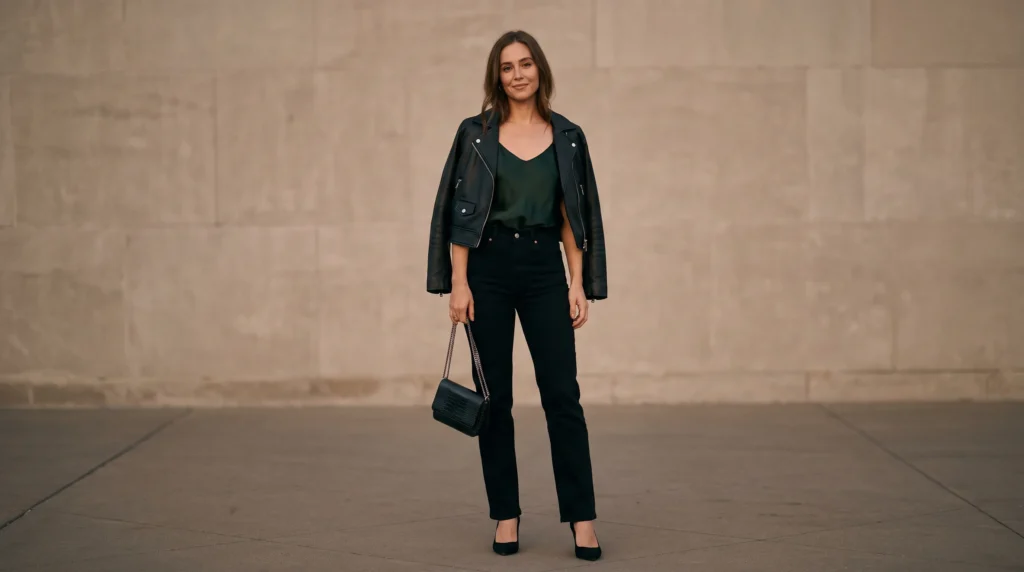 10 High Waisted Jeans Outfits for Women: Styling Ideas, Fit Guide, and Tips 10 Woman wearing black high waisted jeans with a silk camisole and heels for a night out.