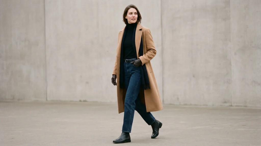 10 High Waisted Jeans Outfits for Women: Styling Ideas, Fit Guide, and Tips 11 Woman wearing dark-wash high waisted straight-leg jeans with a turtleneck and a long camel coat.