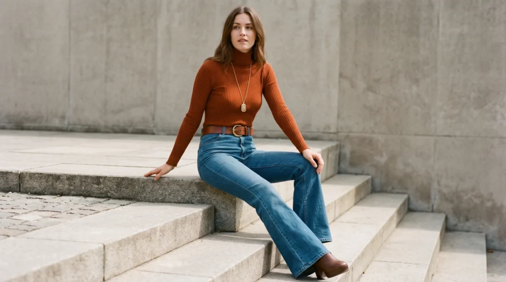 10 High Waisted Jeans Outfits for Women: Styling Ideas, Fit Guide, and Tips 7 Woman wearing high waisted flared jeans with a ribbed knit and platform boots.