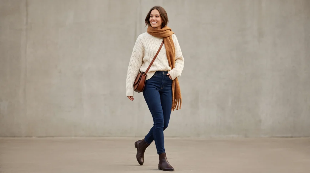 10 High Waisted Jeans Outfits for Women: Styling Ideas, Fit Guide, and Tips 6 Woman wearing high waisted skinny jeans paired with an oversized cable-knit sweater and ankle boots.