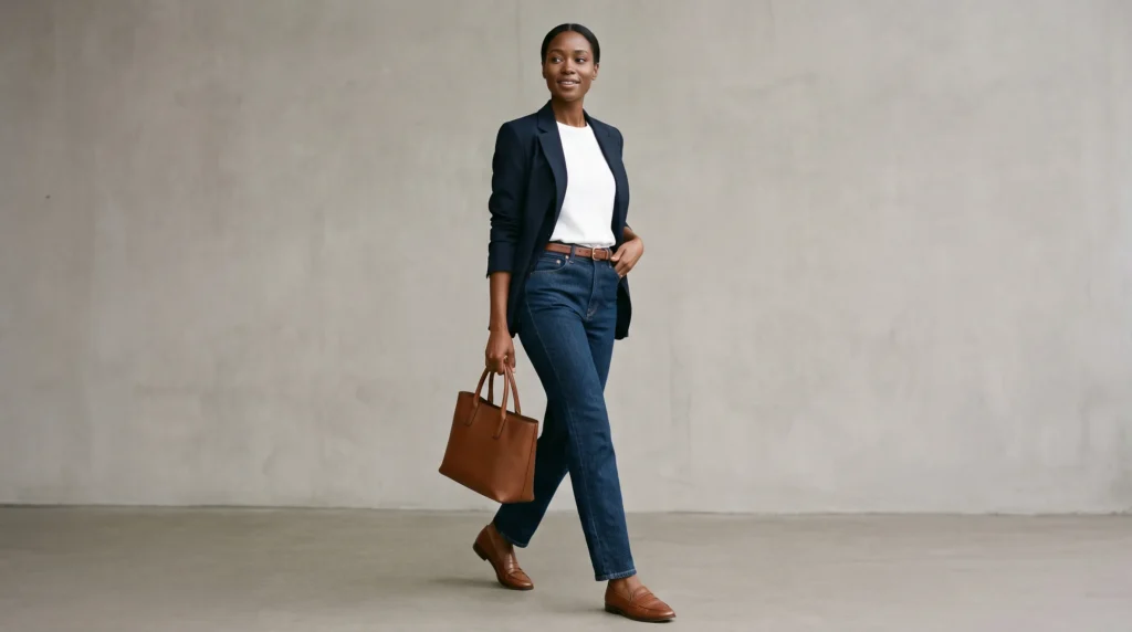 10 High Waisted Jeans Outfits for Women: Styling Ideas, Fit Guide, and Tips 3 Woman wearing high waisted straight-leg jeans with a white tee and a navy blazer.