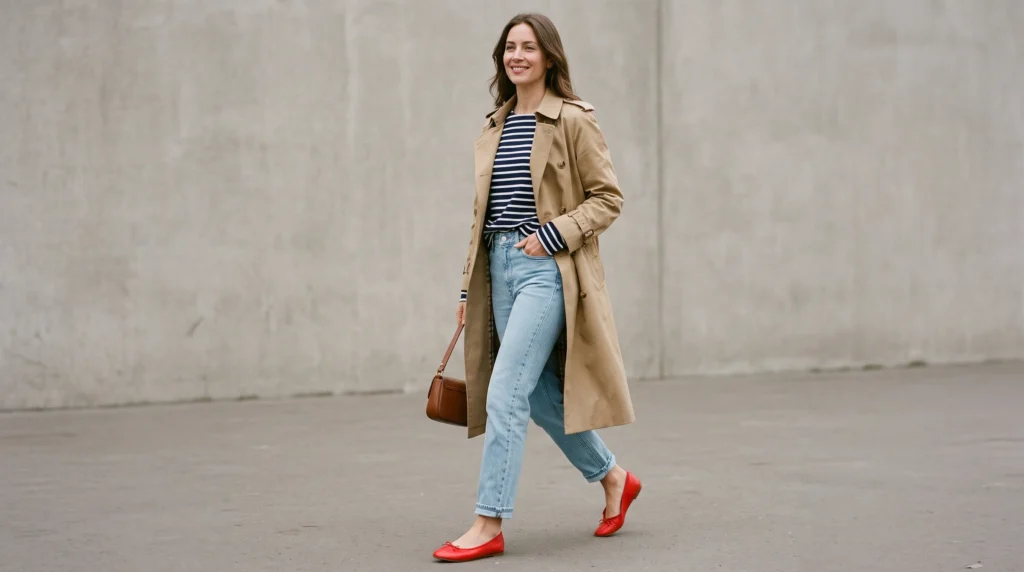 10 High Waisted Jeans Outfits for Women: Styling Ideas, Fit Guide, and Tips 9 Woman wearing high waisted straight leg jeans with a Breton stripe top and red ballet flats.