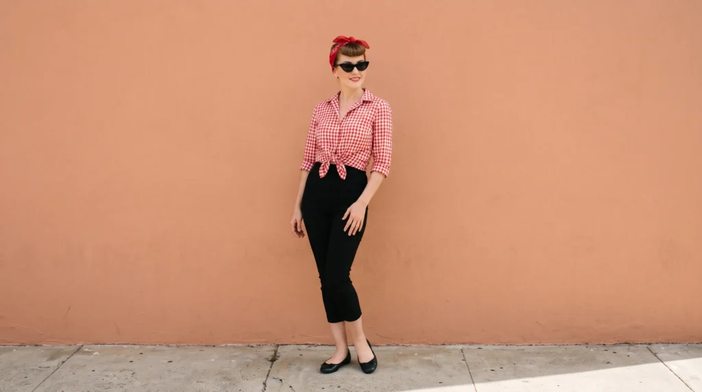 Woman wearing retro 1950s pin-up style high-waisted capri pants and a red gingham top against a plain background.