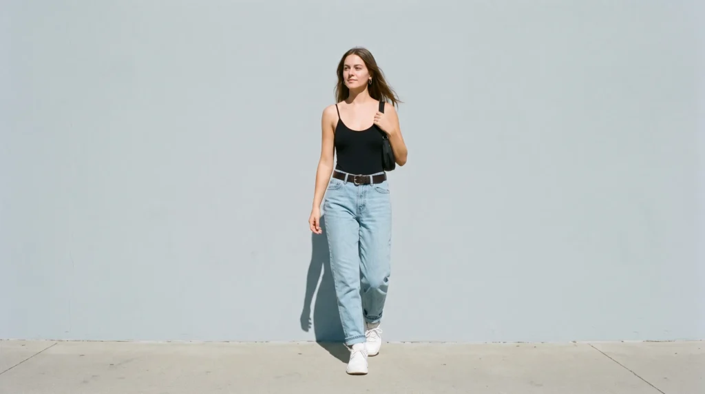 Woman wearing retro 1990s high-waisted mom jeans and a bodysuit against a plain background.