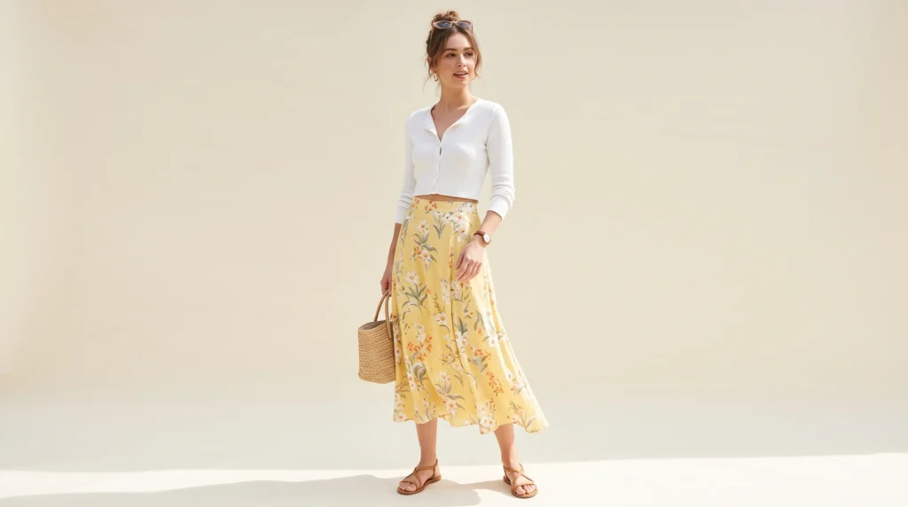 The Complete Yellow Skirt Guide: 12 Stunning Outfit Ideas and Styling Rules 5 Yellow skirt styling with a floral midi yellow skirt and white knit cardigan for a brunch date.
