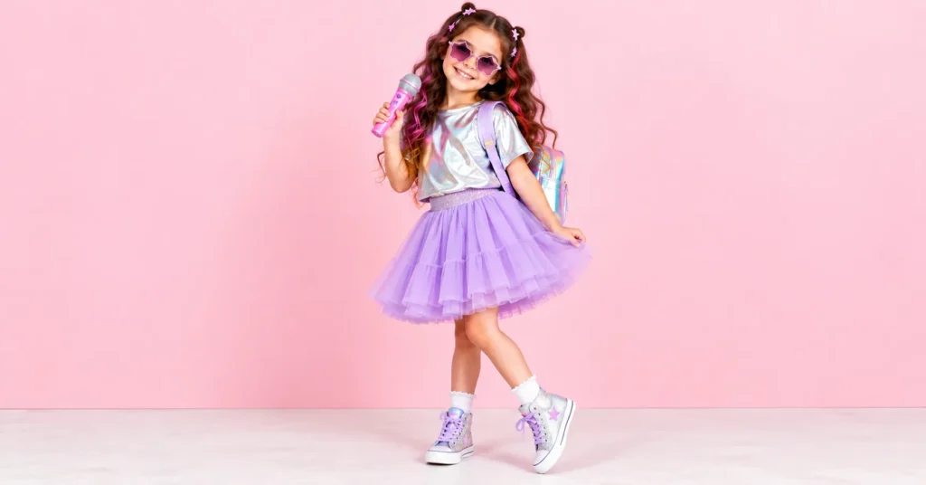 10 Creative Toca Boca Outfit Ideas Kids Will Love 5 Toca Boca outfit ideas featuring a kid-friendly pop star look with a lavender skirt, glitter sneakers, and star accessories.
