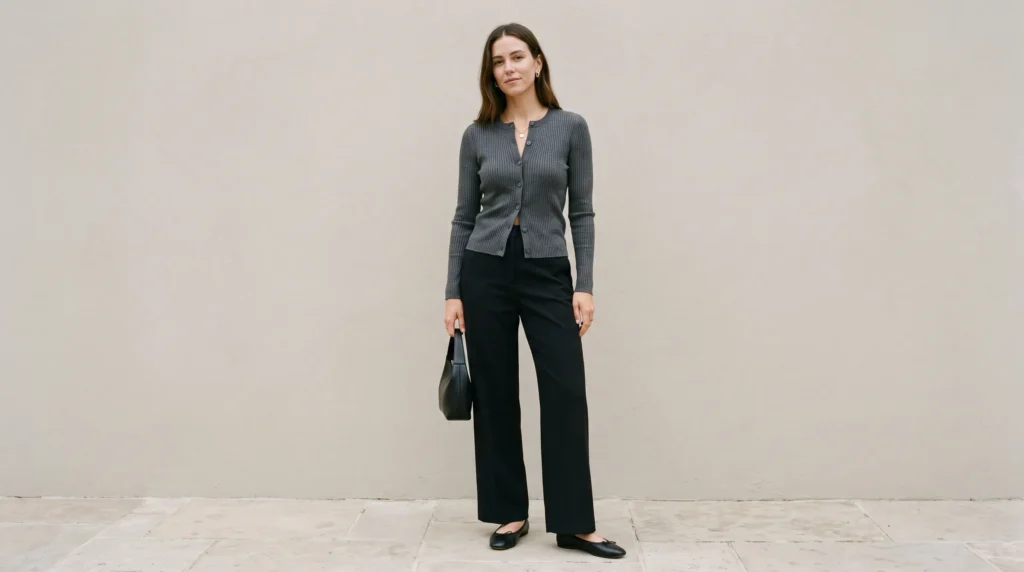 High-quality image of a buttoned COS cardigan worn as a top with wide leg trousers against a plain, bright background.