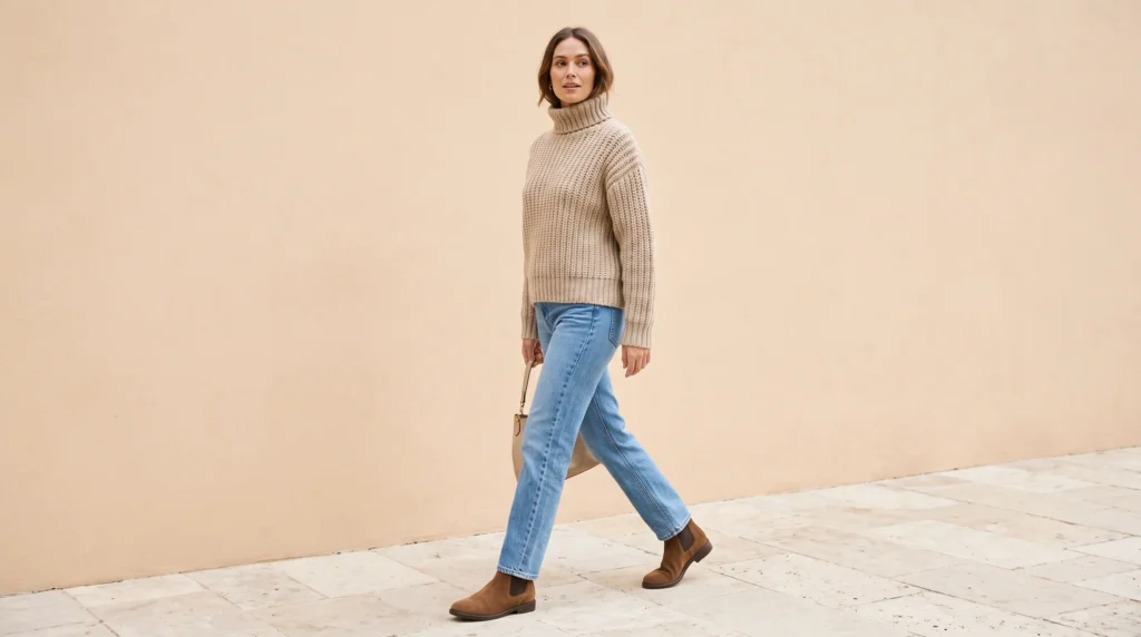 a chunky oatmeal COS turtleneck sweater worn with straight leg blue jeans in bright, outdoor daylight.