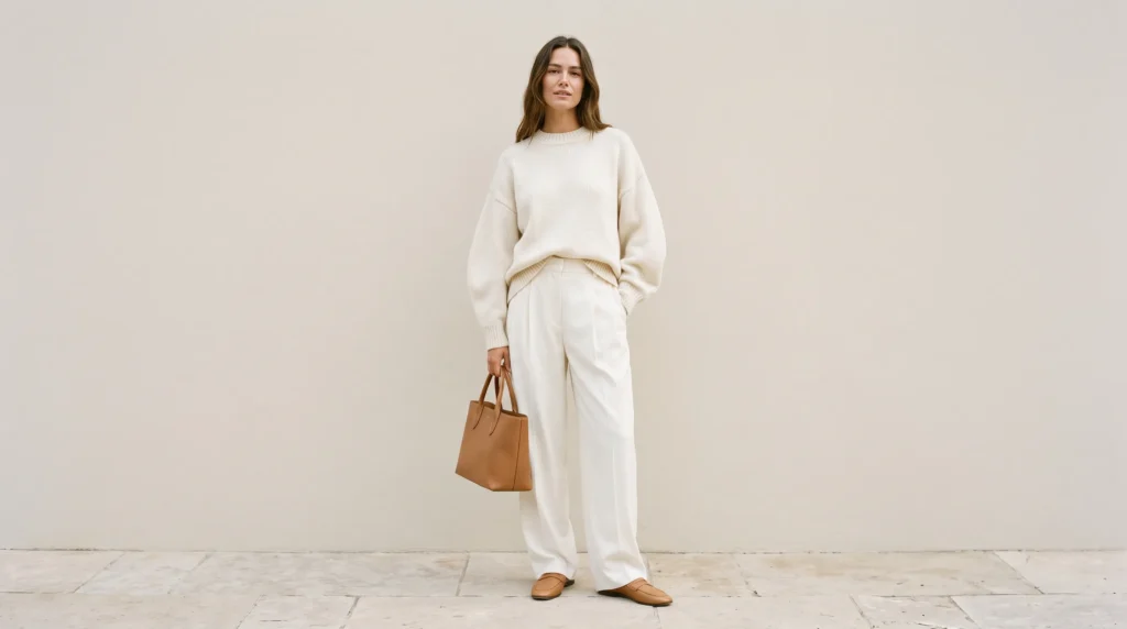 a fine knit COS merino sweater tucked into an olive midi skirt against a plain, bright, daylight filled background.