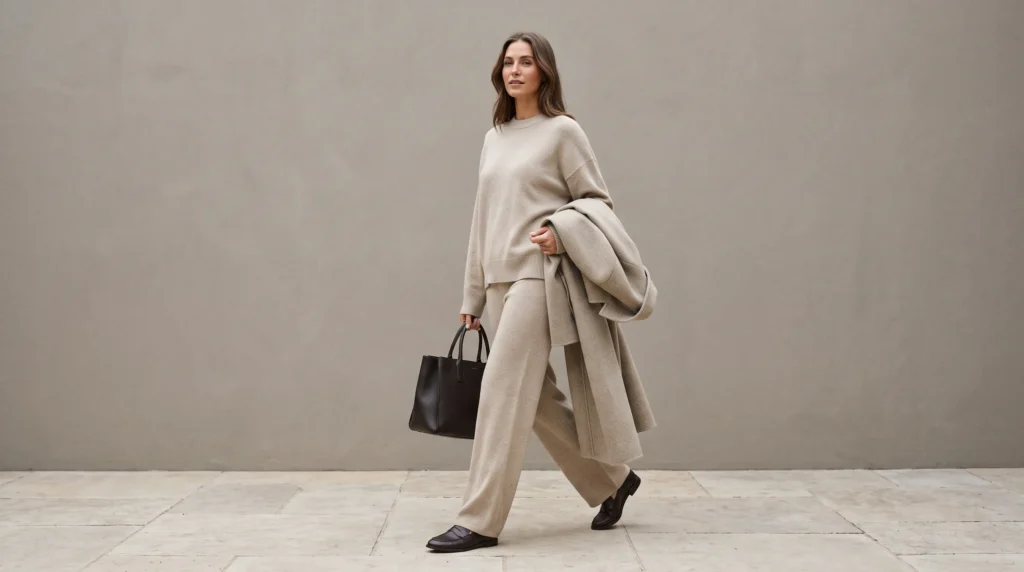 a gray matching COS knit co-ord set with loafers in bright, natural daylight.
