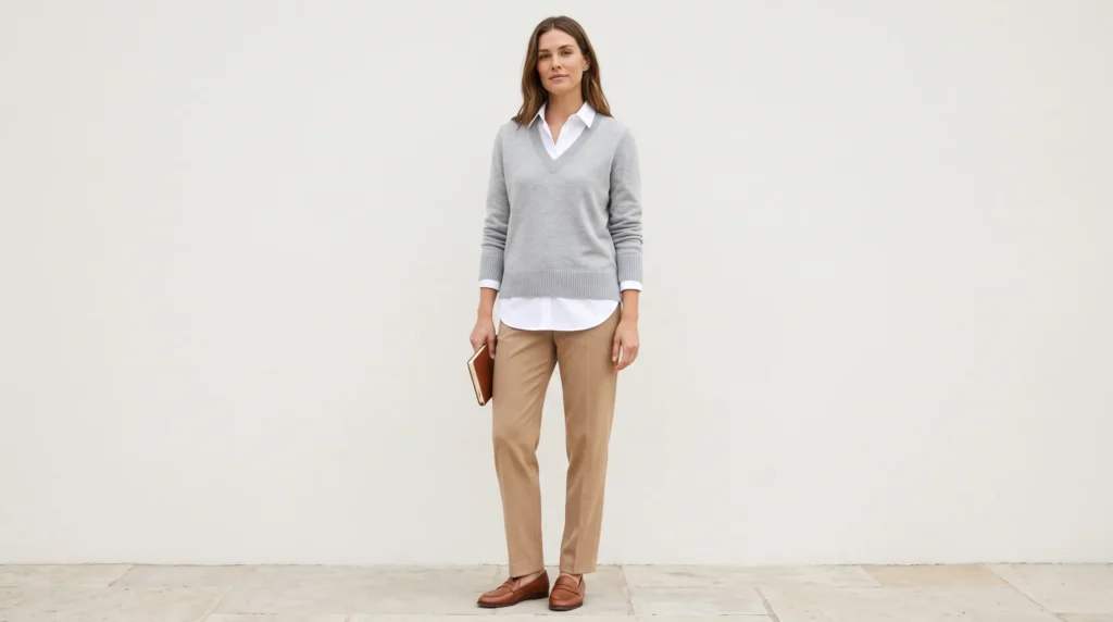a layered V-neck COS sweater over a white poplin shirt with tailored trousers, against a plain, bright backdrop.