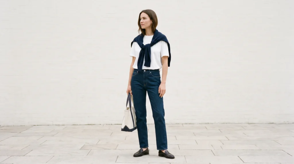 a lightweight COS sweater draped over the shoulders with a white T-shirt and jeans, shot in bright daylight.