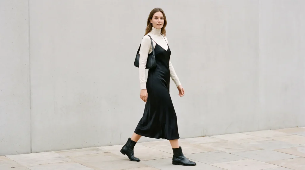 High quality image of a slim black COS turtleneck layered under a black slip dress on a bright, plain outdoor backdrop.