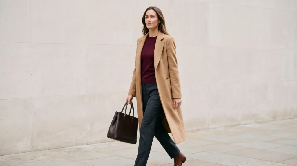 a slim burgundy COS sweater layered under an open camel coat in bright natural daylight.